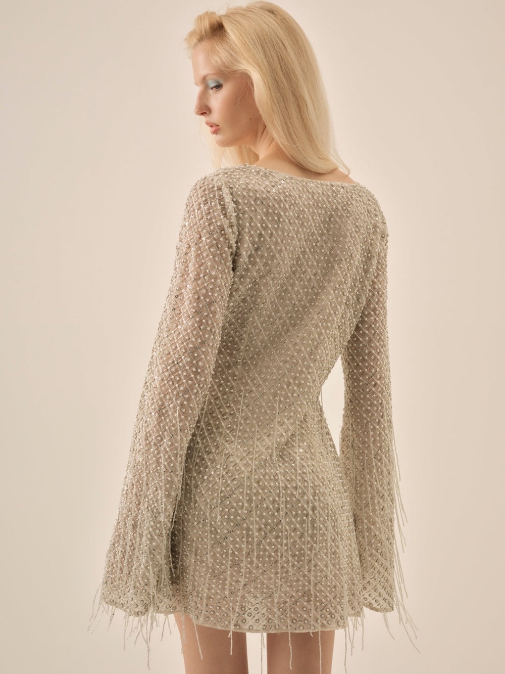 $939 NWOT For Love & Lemons Twinkle Sequin Beaded Mini Dress in Silver Sz Large - Picture 2 of 16